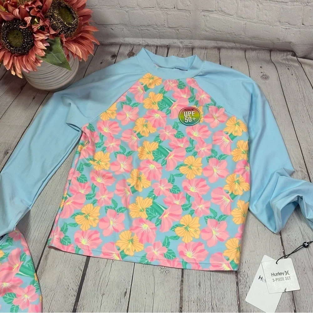 NWT Hurley 3 pc Rashguard bikini Swim Set sz girls 16 tropical floral beach surf